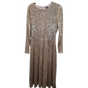 NWT Ann Taylor Women's Gold Sequin Formal Festival Midi Dress Long Sleeve Size 8